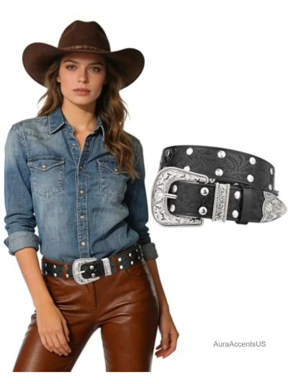 Vintage Engraved PU Leather Western Cowgirl Belt with Silver Buckle